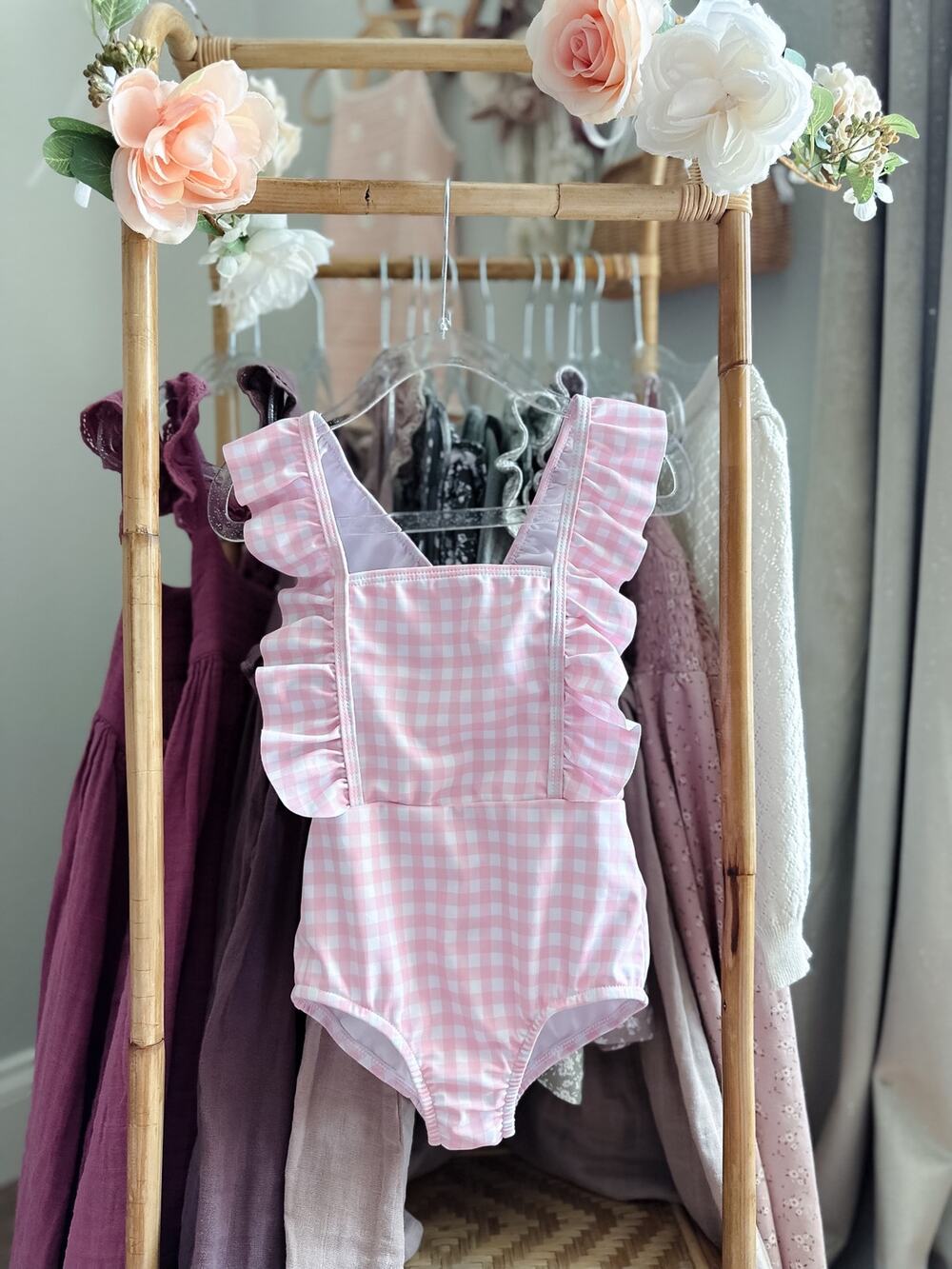 New Pastel Gingham Flutter Strap Swimsuit 3/4T